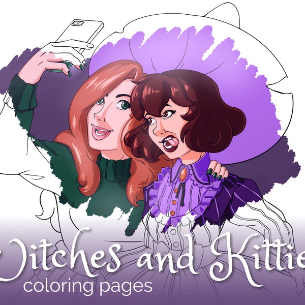 Witches and Kitties | Funny Gothic Lolita Fashion Adult Coloring Book Pages | Instant Download, 2 Digital Vector Illustrations, PDF