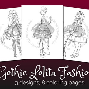 Gothic Lolita Fashion Coloring Page Bundle | 8 Illustrations, Instant Digital Download PDF, Printable