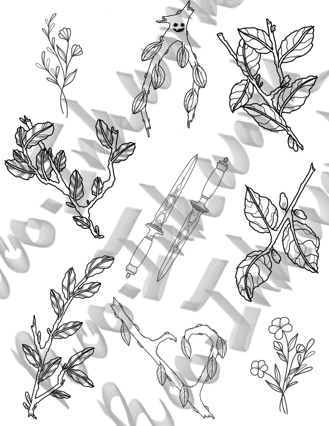 Botanical Tattoo Flash Sheet, Includes 9 Original Fine Line Floral ...