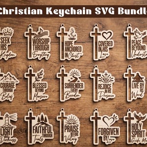 May include: A collection of fifteen light-colored wooden keychain cutouts, each featuring a cross and unique religious text such as Seek His Kingdom, Worship Through Everything, Hope Anchored In Christ, and Peace Beyond Understanding.