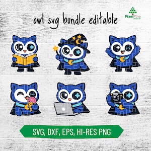 May include: A collection of six blue owl illustrations in various poses. One owl reads a book, another wears a wizard hat, and a third holds an ice cream cone. The text "owl svg bundle editable" is at the top. The bottom text reads "SVG, DXF, EPS, HI-RES PNG".