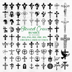 May include: A digital collection of 85 black silhouette cross and crucifix designs, including various religious symbols, floral motifs, and the text Blessed Cross BUNDLE 85 DESIGNS SVG, PNG, DXF, PDF, JPG CRUCIFIX LASER CUT FILES arranged in a grid.