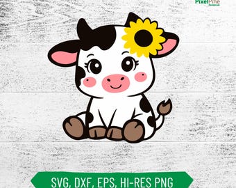 Cow SVG PNG Baby Cow Clipart for Cricut, Clipart for T Shirt Tumbler Animal Farm Sitting Cute Cow with Sunflower Head Band, Digital Download