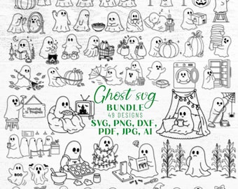 May include: A digital collection of 49 black and white line art ghost illustrations featuring various activities like reading, baking, and holding pumpkins. The text reads Ghost svg BUNDLE 49 DESIGNS SVG, PNG, DXF, PDF, JPG, AI and Haunting in Progress.