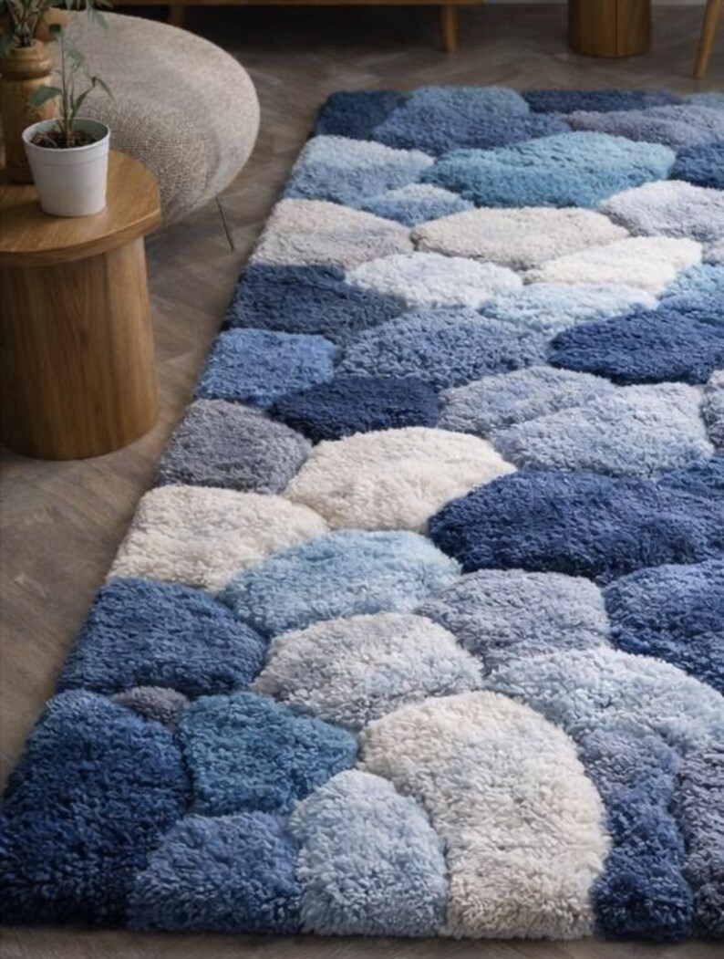 Hand Tufted Blue Geometric Rug, Plush Abstract Scandinavian Carpet - Etsy