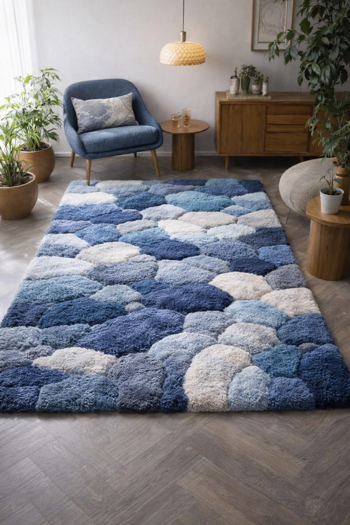 Hand Tufted Blue Geometric Rug, Plush Abstract Scandinavian Carpet - Etsy