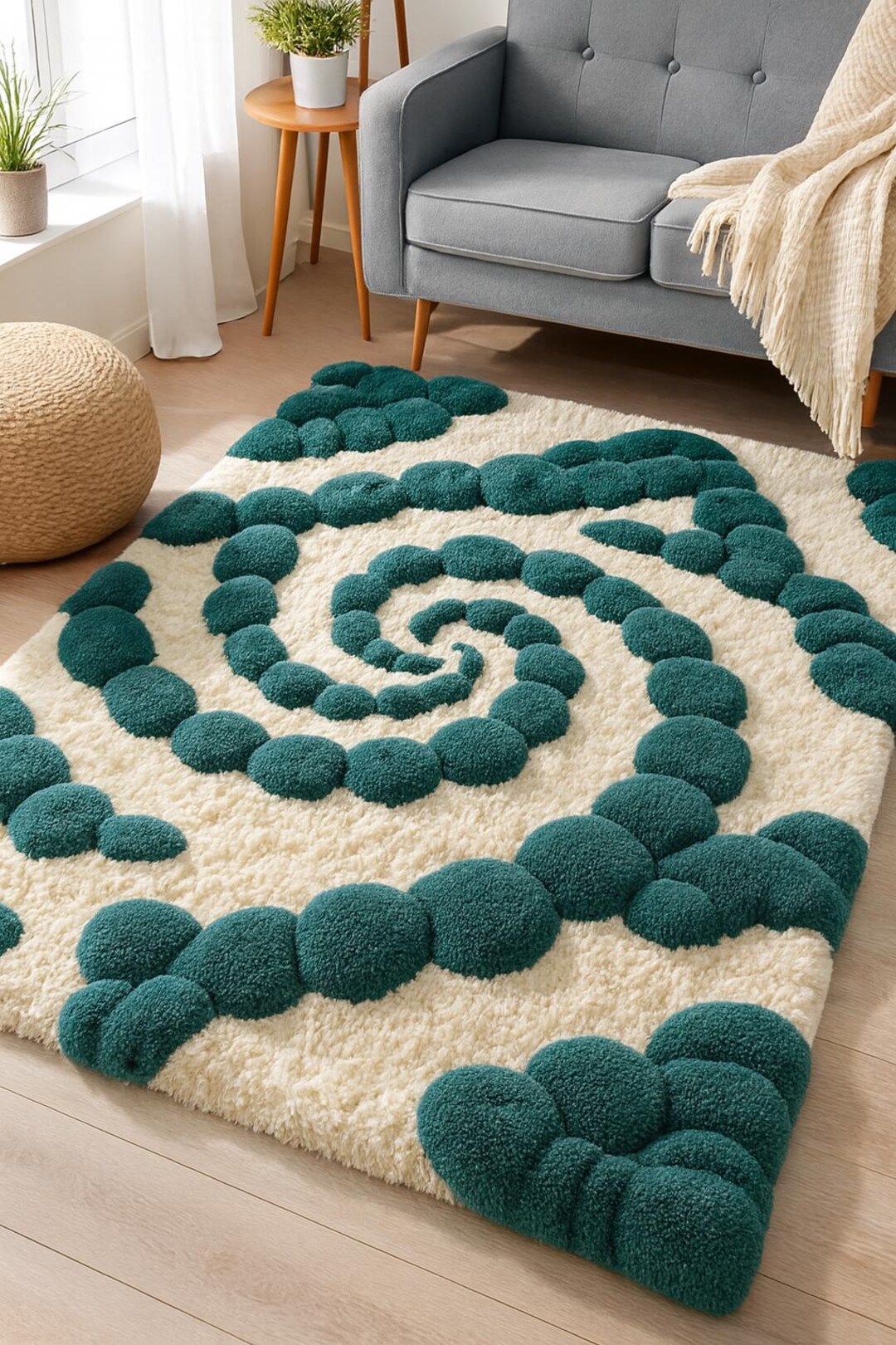 Hand Tufted 3D Swirl Rug, Modern Textured Area Rug, Green & Ivory Plush ...