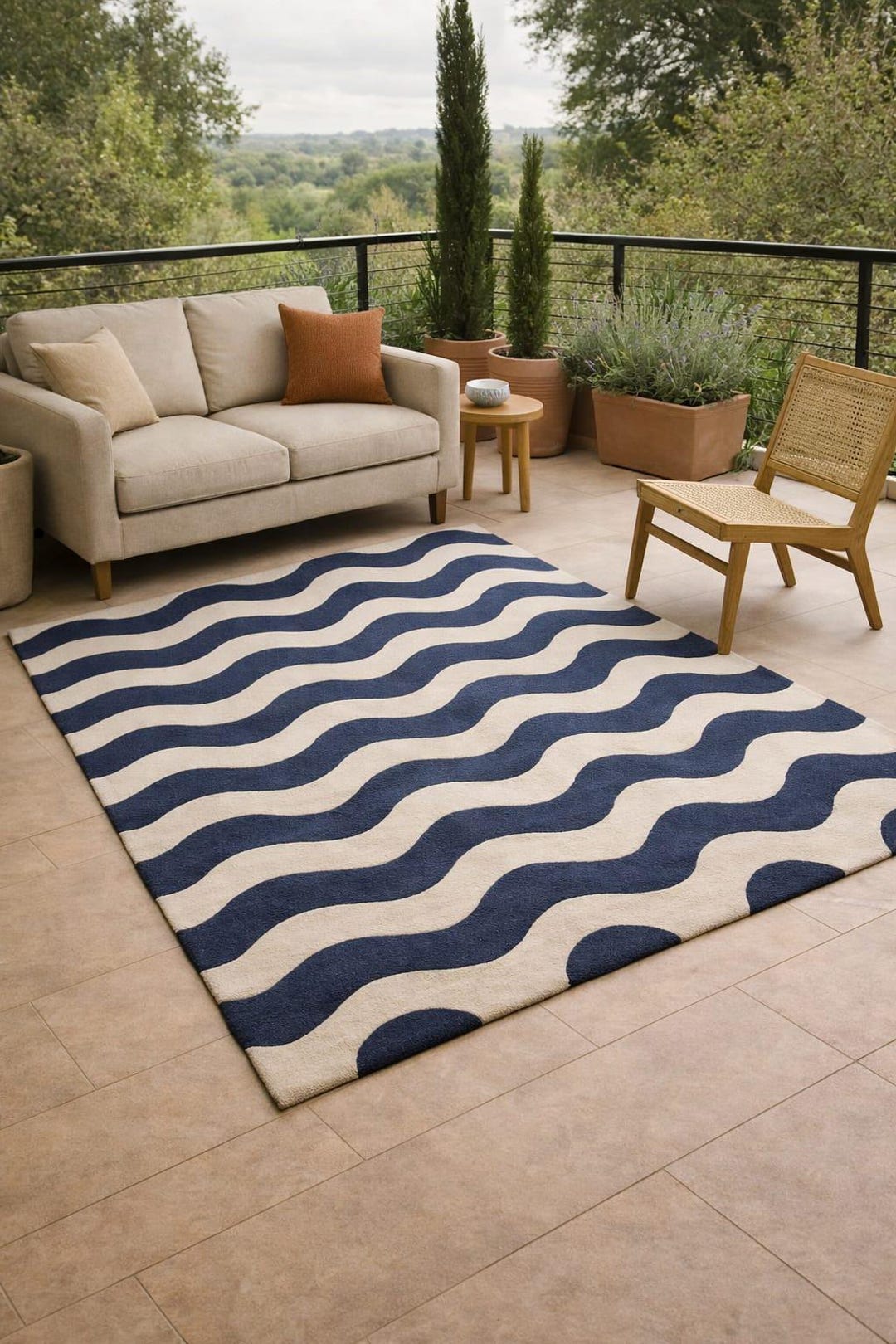Blue Wavy Pattern Rug Hand Tufted Wave Pattern Rug, Blue Beige Coastal Carpet - Etsy
