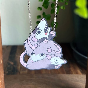 Opossum Pile Necklace | Quirky Silly Possum Art Pendant | Unique Whimsical Animal Lover Gift | Woodland Wildlife Goblincore Jewelry