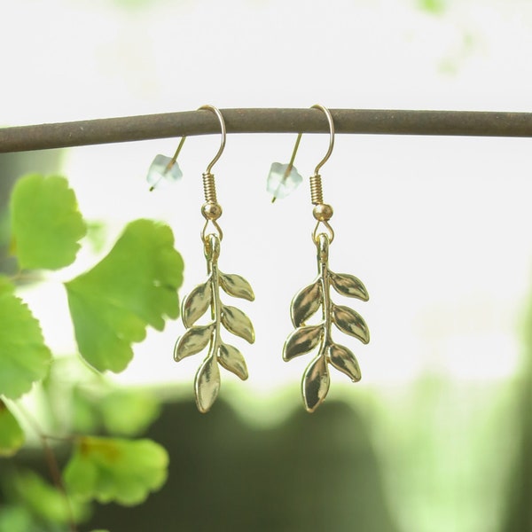Brass Leaf Charm | Gold Tone Vine Earrings | Delicate Lightweight Nature Inspired Dangles | Boho Fairycore Cottagecore Goblincore Jewelry