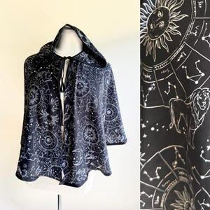 Silky Astrology Cape | White Black Galaxy Astrological Cloak | Hooded Medieval Renaissance Capelet