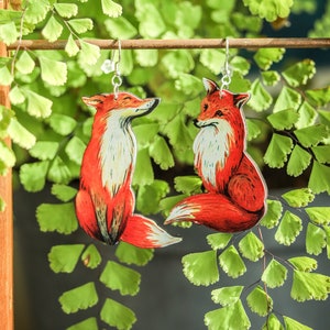 Red Fox Earrings | Woodland Whimsical Jewelry | Wood Laser Cut Dangle | Silver Tone Ear Wires | Cottagecore Forest Animal Wildlife