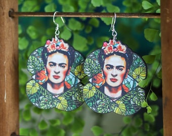 Frida Khalo Earrings | Handmade Wood Cut Dangles | Floral Artist Bold Statement Jewelry | Bohemian Cottagecore Fairycore Gifts