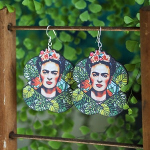 Frida Khalo Earrings | Handmade Wood Cut Dangles | Floral Artist Bold Statement Jewelry | Bohemian Cottagecore Fairycore Gifts