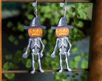 Pumpkin Head Skeleton Earrings | Halloween Fall Spooky October Jewelry | Retro Vintage Horror Creepy Witchy | Laser Wood Cut Accessories