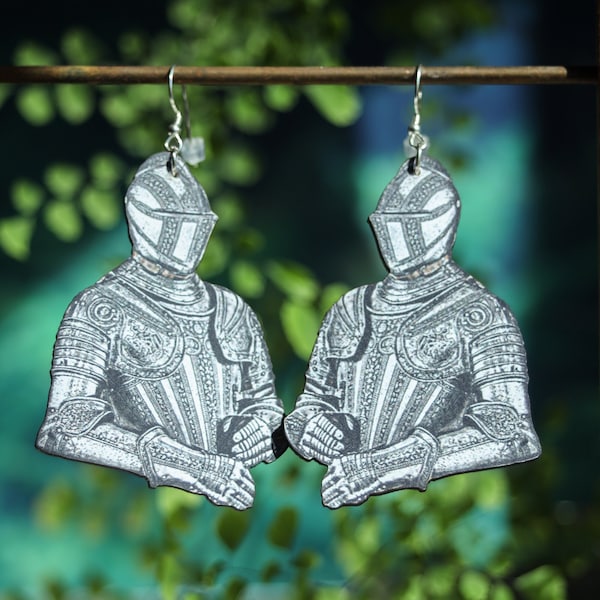 Knight Earrings | Wood Cut Medieval Jewelry | Renaissance Dark Armored Noblemen Dangles | Stainless Steel Ear Wire | Fantasy Gothic Warrior