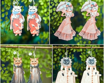Victorian Cat Earrings | Retro Vintage Collage Jewelry | Kitten Lover Gift | Geisha Edwardian Renaissance Kitty | Cottagecore Fairycore Boho