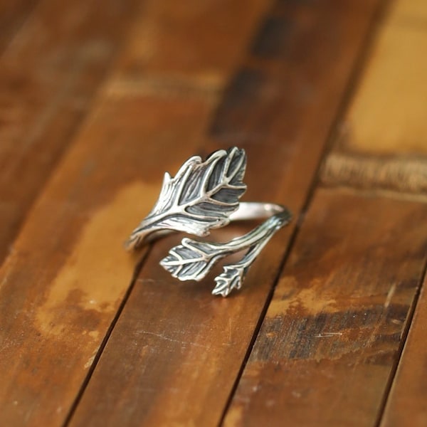 Adjustable Leaf Ring | Sterling Silver Branch Nature Jewelry | Elven Whimsical Fantasy Spiral Band | Fairy Statement Bridesmaids Oak Twig