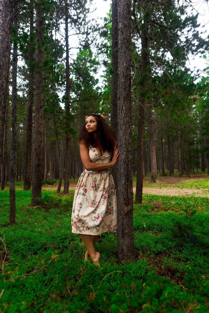 Brown Tan Beige Boho Cotton Midi Sleeveless Summer Style Hippie Festival Fashion Tea Length Plunge Neckline Floral Print Dress