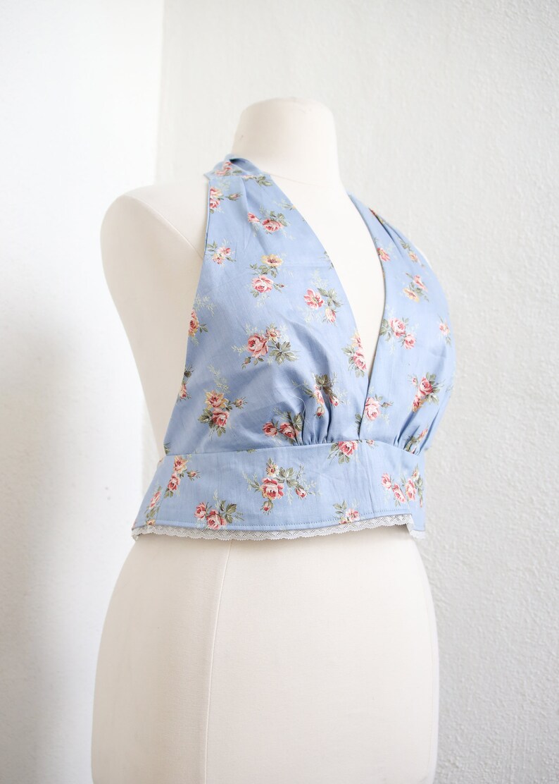 Blue Floral Crop Top Plunge Cropped Bralette Summer Halter Etsy