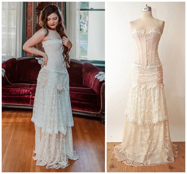 Ivory Pink Lace Faerie Gown Tiered Wedding Dress Corset Etsy