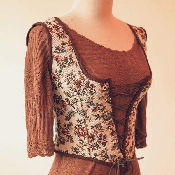 Renaissance Lace Up Bustier Corset Bodice | Brown Floral Corset Bodice | Renaissance Costume | Halloween Costume Corset | Handmade Corset