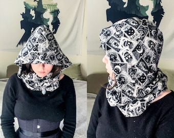 Tarot Card Infinity Scarf | Witchy Goth Hooded Neck Warmer | Celestial Fortune Teller Dark Fantasy Festival Head Wear | Cozy Flannel Scarves