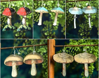 Mushroom Earrings | Retro Cottagecore Fairycore Jewelry | Woodland Wooden Laser Cut | Stainless Steel Ear Wires | Kawaii Cute Forest Fungi