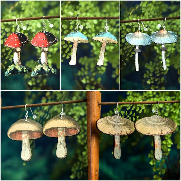 Pilz Ohrringe | Retro Cottagecore Fairycore Schmuck | Wald aus Holz Laser geschnitten | Edelstahl Ohrhaken | Niedliche Wald Pilze