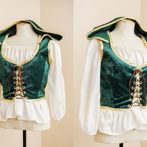 Elven Corset Bodice | Green Gold Hooded Renaissance Vest | Fairycore Goblincore Whimsical Fantasy | Forest Faerie Witchy LARP Costume