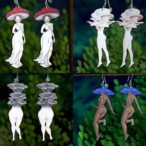 Mushroom Lady Earrings | Cottagecore Fairycore Goblincore Jewelry | Woodland Wood Laser Cut | Stainless Steel Ear Wires | Amanita Cute Fungi