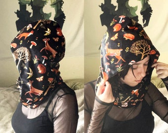Plush Infinity Scarf | Woodland Animal Fox Deer Cowl Hood | Black Dark Fantasy Elven Cottagecore Fairycore Accessories | Thneed Neck Wrap