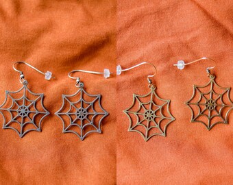 Spiderweb Earrings | Cobweb Halloween Spooky Dangles | Witch Goth Creepy Alternative Jewelry | Stainless Steel Nickel Free Brass Gold Tone