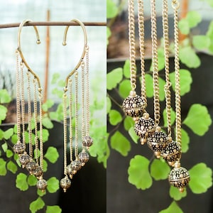 Brass Ornate Ball Charm Ear Cuffs | Chandelier Dangle Behind Ear Wrap | No Piercing Jewelry | Fairy Whimsy Fantasy Witch Steampunk Festival