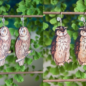 Owl Earrings | Whimsical Woodland Creature Dangles | Laser Cut Wooden Jewelry | Goblincore Fairycore Witchy Fantasy Spirit Animal