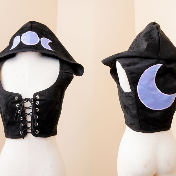 Corsetto scamosciato nero / Gilet patchwork fase lunare iridescente / Corpetto LARP rinascimentale / Top corto senza maniche Pirate Gothic Pixie Witch Festival