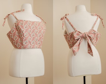 Floral Crop Top | Shoulder Tie Bustier | Cottagecore Boho Summer Cami Bodice | Adjustable Back Bow Vest | Pink Cottage Rose Print