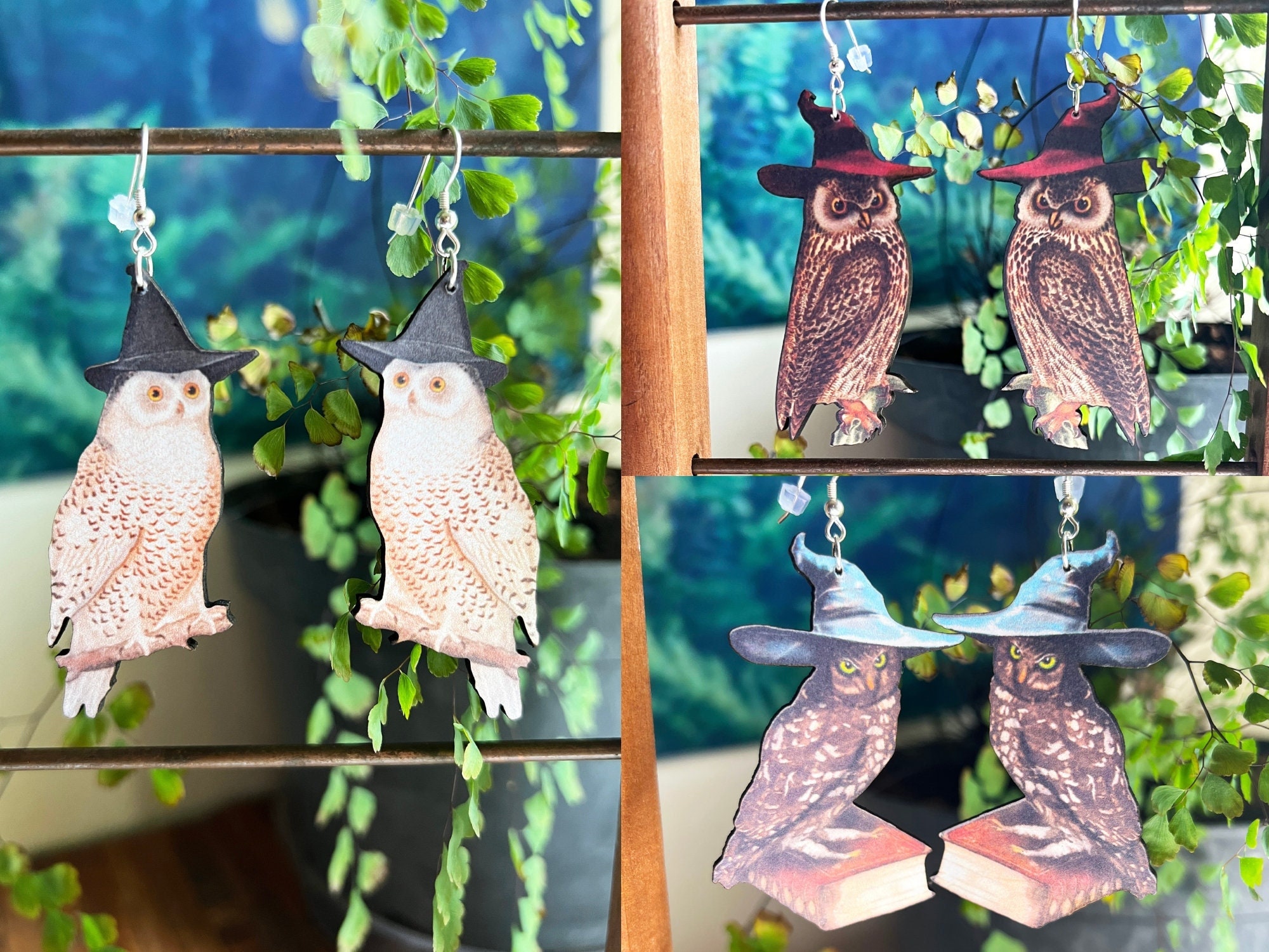 Wizard Owl Earrings | Witchy Dark Academia Jewelry | Snowy Great Horned Bird Familiar Creature | Cot