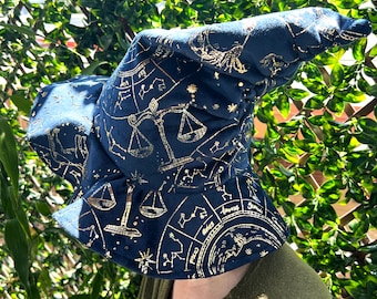 Slouchy Witch Hat | Astrology Halloween Wizard Costume | Fairy Pixie Cottagecore Woodland Elven Cosplay | Gold Navy Plush Head Accessories