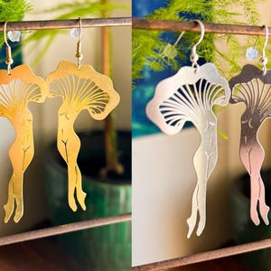 Boucles d'oreilles femme champignon | Pendentifs argent chanterelle en laiton doré, acier inoxydable