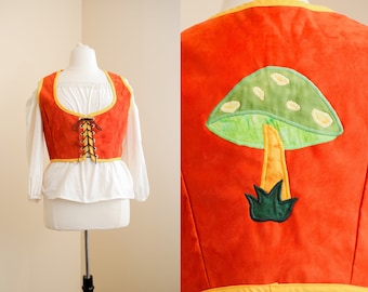 Psychedelic Mushroom Corset | 1970s Vintage Inspired Bodice | Renaissance Festivalwear Lace Up Vest | Trippy Orange Green Yellow Fungus