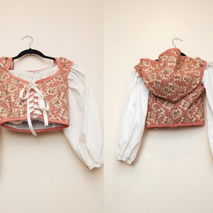 Floral Corset Vest | Cottagecore Fairy Bodice | Fairycore Fantasy Hooded Crop Top | Renaissance Costume Cosplay | Victorian Tapestry Bustier
