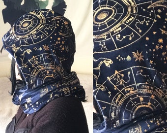 Plush Infinity Scarf | Celestial Gold Zodiac Cowl Hood | Astrology Head Wrap Neck Warmer Snood | Soft Cozy Galaxy Space Holiday Gifts