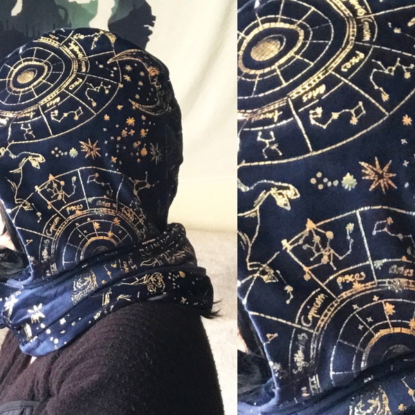 Plush Infinity Scarf | Celestial Gold Zodiac Cowl Hood | Astrology Head Wrap Neck Warmer Snood | Soft Cozy Galaxy Space Holiday Gifts