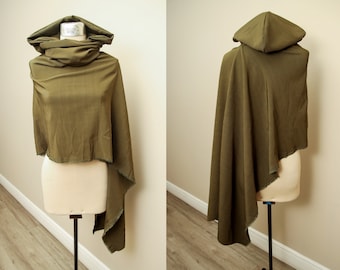 Olive Green Shoulder Cape | Woodland Goblincore Futuristic Cloak | Hooded Cowl Apocalyptic Capelet | Asymmetrical Cyberpunk Sleeveless Top