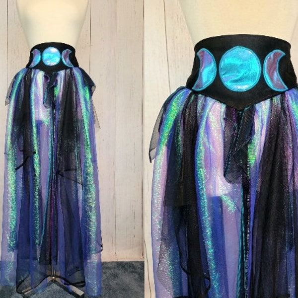 Iridescent Fairy Skirt | Moon Phase Gothic Wrap Tutu | Witch Renaissance Psytrance Playawear | Darkwear Cyberpunk Steampunk Mesh Tulle Suede