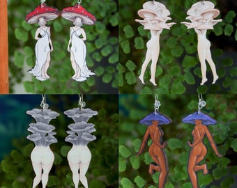 Mushroom Lady Earrings | Cottagecore Fairycore Fungi Jewelry | Mushroomcore Woodland Wooden Dangles | Sterling Silver Symmertrical Cute Art