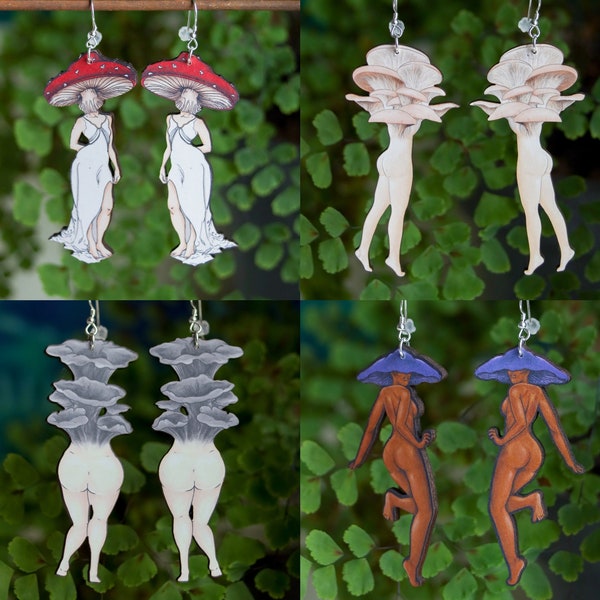 Mushroom Lady Earrings | Cottagecore Fairycore Fungi Jewelry | Mushroomcore Woodland Wooden Dangles | Sterling Silver Symmertrical Cute Art