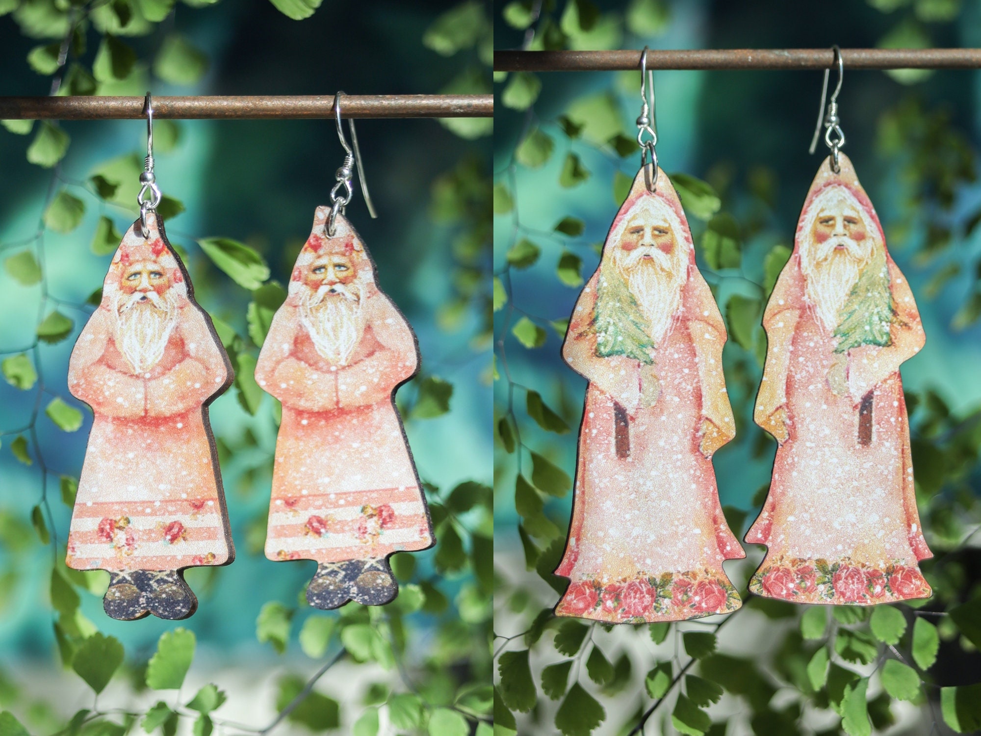 Pink Santa Earrings | Christmas Holiday Jewelry | Cute Boho Pastel Kawaii Santa Claus | Whimsical Fantasy Laser Wood Cuts Dangles
