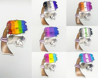 May include: Set of 10 stickers featuring a possum hanging from a tree with different pride flags. The flags include rainbow, bisexual, transgender, genderfluid, pansexual, asexual, lesbian, non-binary, and intersex.